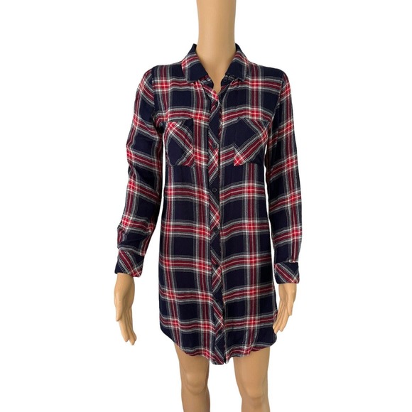 Rails Navy Blue & Red Plaid Flannel Button Front Long Sleeve Shirt Dress Size XS - Picture 1 of 7